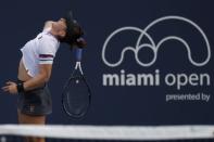 Mar 21, 2019; Miami Gardens, FL, USA; Bianca Andreescu of Canada serves against Irina-Camelia Begu of Romania (not pictured) in the first round of the Miami Open at Miami Open Tennis Complex. Mandatory Credit: Geoff Burke-USA TODAY Sports