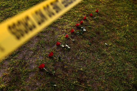 Ten roses are left in memory of the victims killed in a shooting at the Santa Fe High School in Santa Fe, Texas, U.S., May 20, 2018. REUTERS/Jonathan Bachman