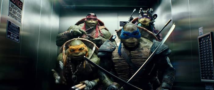 Leonardo, Donatello, Raphael, and Michelangelo beep-boxing in an elevator in "Teenage Mutant Ninja Turtles"