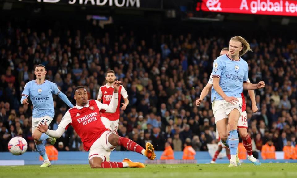 Erling Haaland scores against Arsenal in the Premier League on 26 April