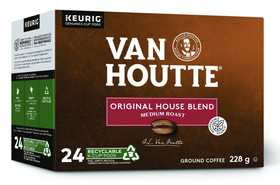 brown and green box of Van Houtte Original House Blend Recyclable K-Cup Coffee Pods