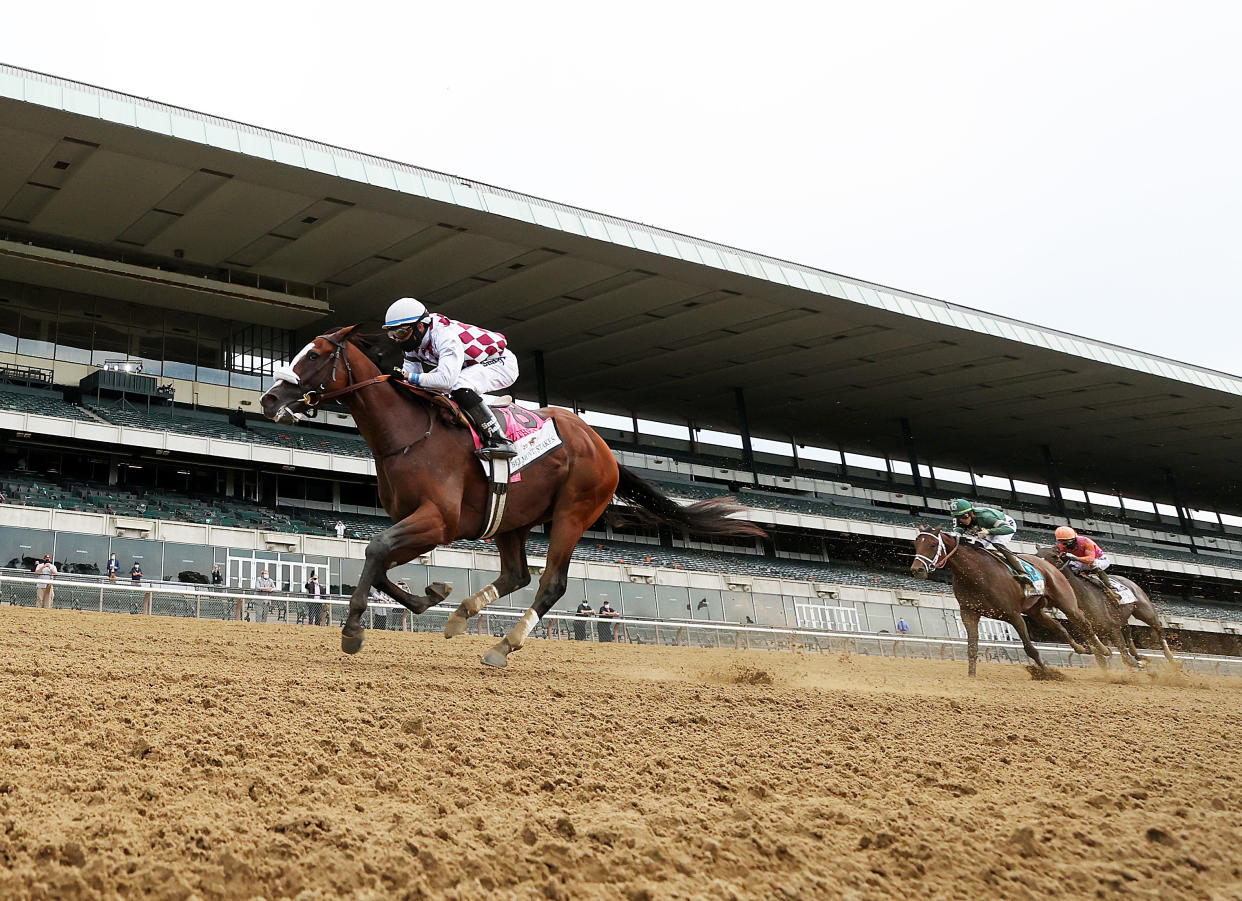 Jockey Manuel Franco rides atop Tiz the Law after crossing the finish line to win the 152nd running of the Belmont Stakes at Belmont Park on June 20, 2020, in Elmont, New York. 