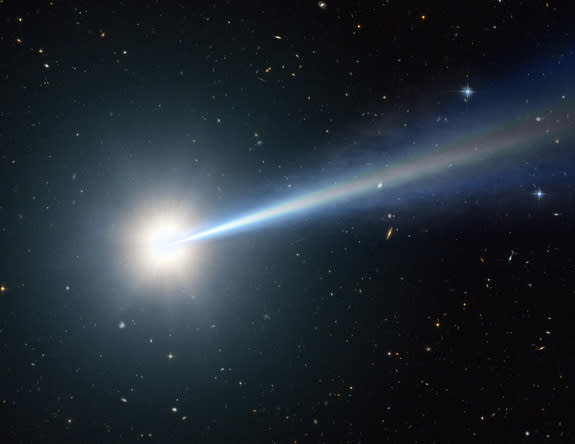 An artist's impression of a quasar, a galaxy the bright center of a galaxy that radiates more light than all the stars in the galaxy combined. Scientists recently used light from quasars to hunt for a theoretical characteristic of the universe