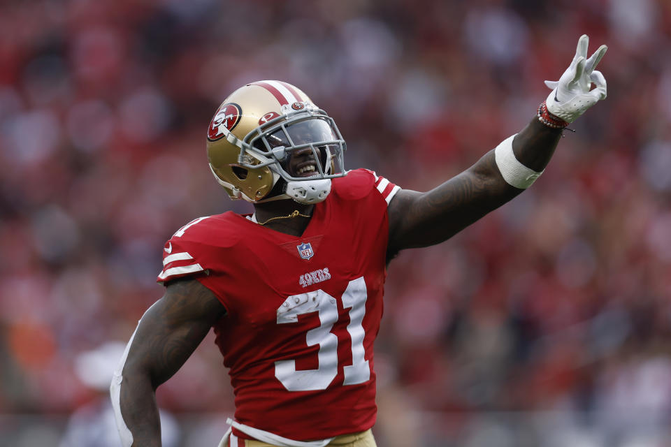 San Francisco 49ers safety Tashaun Gipson Sr. (31) celebrates after intercepting a pass against the Arizona Cardinals during the second half of an NFL football game in Santa Clara, Calif., Sunday, Jan. 8, 2023. (AP Photo/Jed Jacobsohn)