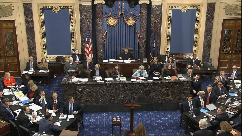 In this image from video, the Senate chamber during the impeachment trial against President Donald Trump in the Senate at the U.S. Capitol in Washington, Tuesday, Jan. 28, 2020. (Senate Television via AP)