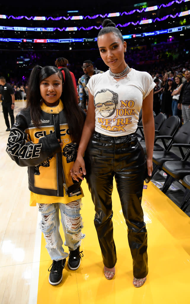 LOS ANGELES, CALIFORNIA – MAY 12: Kim Kardashian and her daughter North West attend the Western Conference Semifinals Playoff game between the Los Angeles Lakers and the Golden State Warriors at Crypto.com Arena on May 12, 2023 in Los Angeles, California. (Photo by Kevork Djansegian/Getty Images)