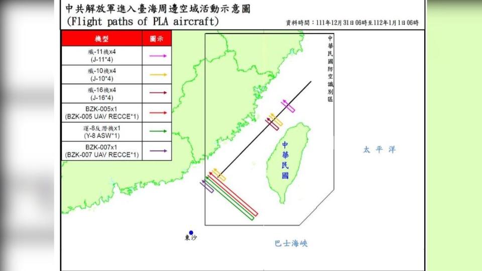 國防部公佈共軍擾台示意圖，12月31日上午6時至1月1日上午6時，共出動24架戰機。（圖／翻攝自 國防部）