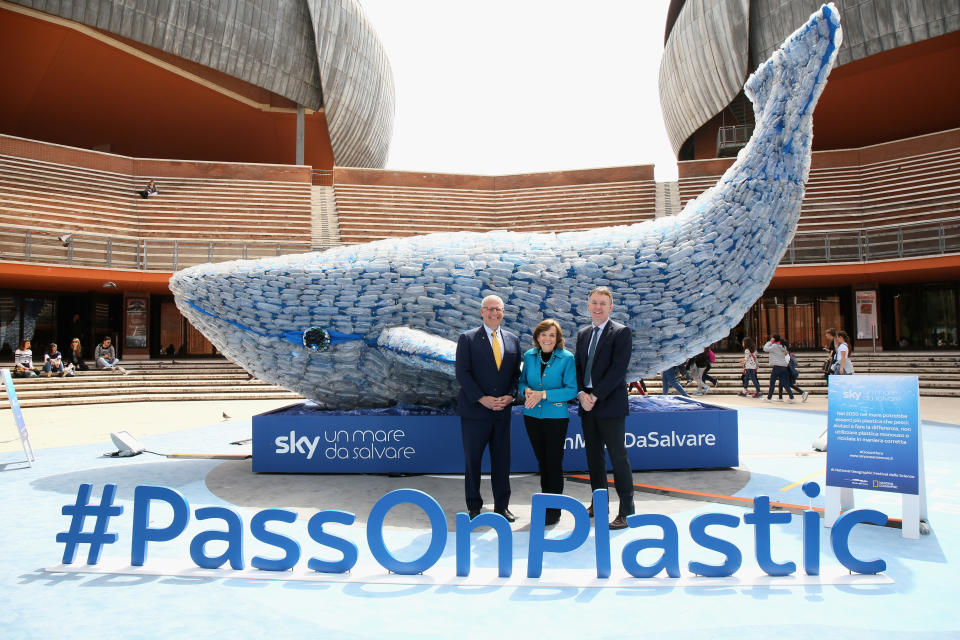 ROME, ITALY - APRIL 16: (L-R) Gary Knell, Syliva Earle and Jeremy Darroch attend the National Geographic Science Festival at Auditorium Parco Della Musica on April 16, 2018 in Rome, Italy. National Geographic commit $10 million to support Sky Ocean Ventures as they join forces to reduce plastics in the ocean. The collaboration will create the largest global media campaign to date focused on marine plastics.  (Photo by Elisabetta Villa/Getty Images for National Geographic)