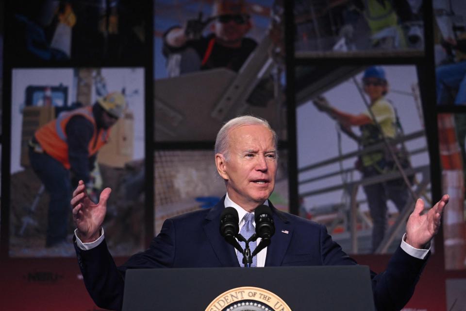 President Joe Biden speaks about the creation of new manufacturing jobs at the Washington Hilton in Washington, DC, April 25, 2023.