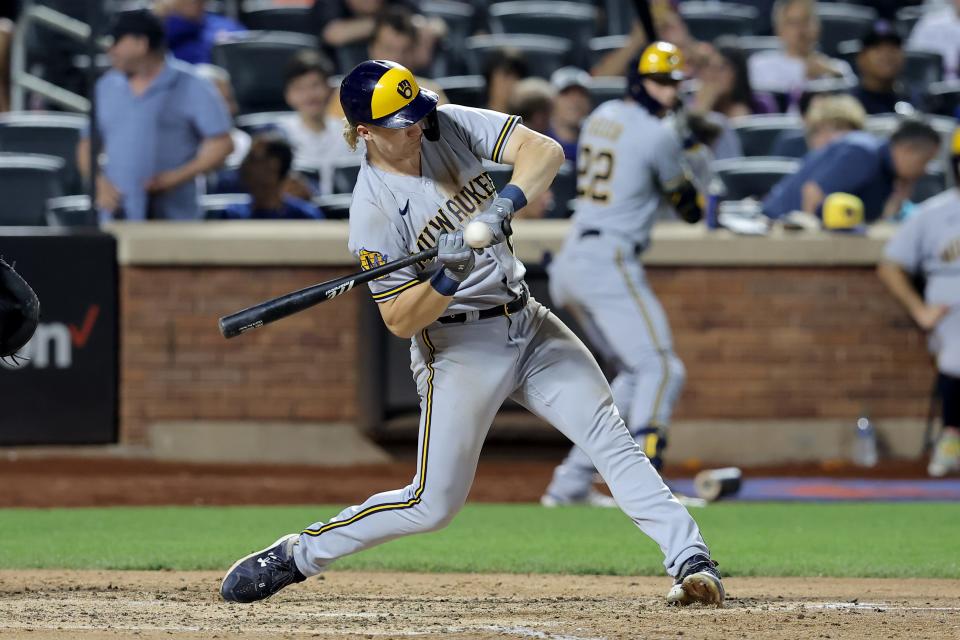 Jun 28, 2023; New York City, New York, USA; Milwaukee Brewers center fielder Joey Wiemer (28) is hit by a pitch during the eighth inning against the New York Mets at Citi Field. Mandatory Credit: Brad Penner-USA TODAY Sports