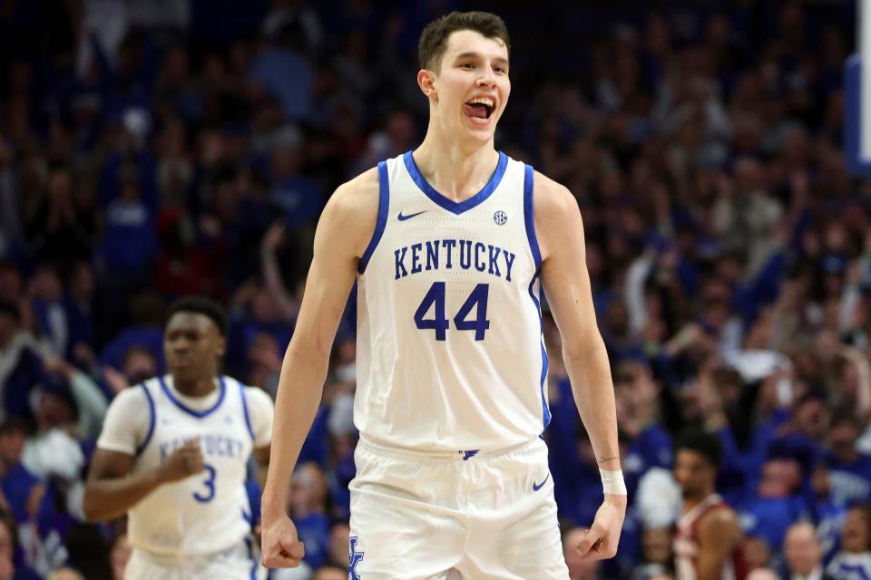 Kentucky's Zvonimir Ivišić celebrates after making a 3-pointer during the second half of the team's game against Alabama on Feb. 24 in Lexington.