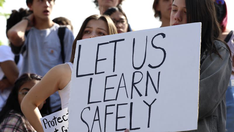 East High School students protest gun violence during a walkout at the school in Salt Lake City on Friday, May 27, 2022. Students across the United States participated in a a national school walkout on Wednesday, April 5, 2023.