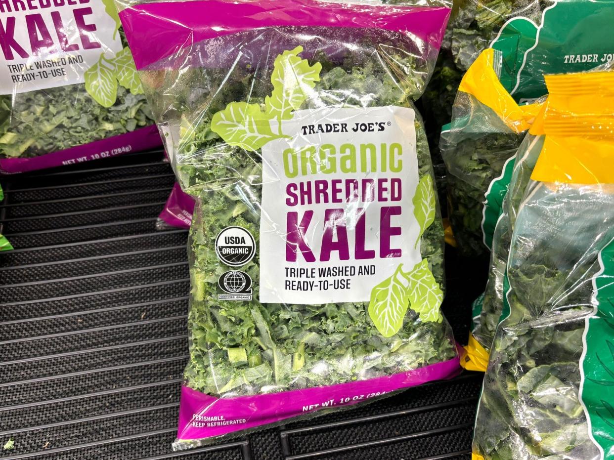 A bag of Trader Joe's organic shredded kale.