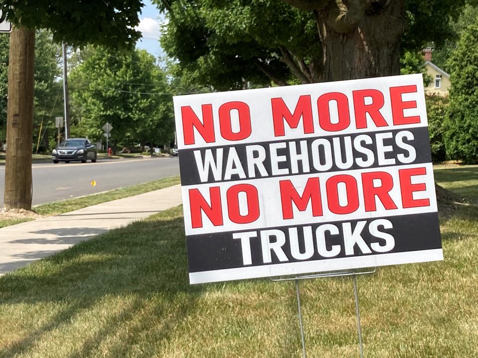 A sign on Old York Road in Allentown captures the sentiment about warehouses springing up in the area.