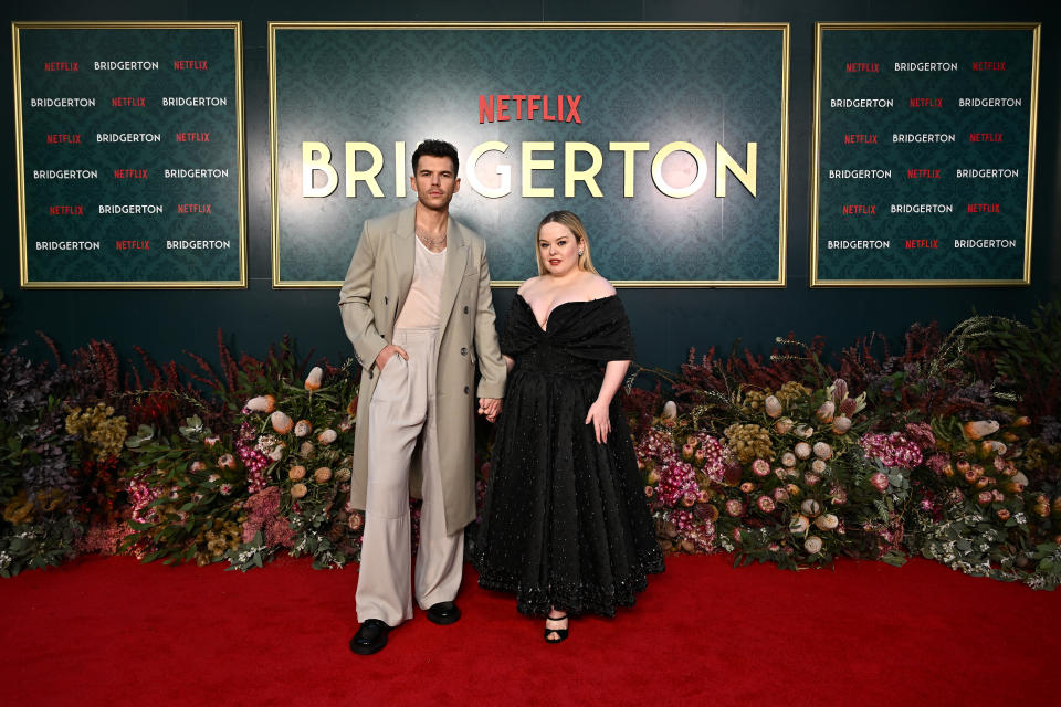 BOWRAL, AUSTRALIA - APRIL 21: Luke Newton and Nicola Coughlan attend the "Bridgerton" Season 3 launch on the grounds of Milton Park Country House on April 21, 2024 in Bowral, Australia. Stars of the show Nicola Coughlan ("Penelope Featherington"), Luke Newton ("Colin Bridgerton") and Bridgerton showrunner Jess Brownell, were all in attendance for the celebration of season 3 of the Shondaland hit series.   (Photo by James Gourley/Getty Images for Netflix)