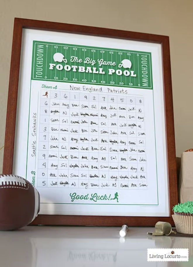 <p>Here's a clever way to keep everyone's attention. Before the game begins, have everyone write their name down in a specified number of squares, then reveal the winners at the end of each quarter. </p><p><a href="https://www.livinglocurto.com/free-printable-football-squares-pool-poster/" rel="nofollow noopener" target="_blank" data-ylk="slk:Get the tutorial at Living Locurto »;elm:context_link;itc:0;sec:content-canvas" class="link "><em>Get the tutorial at Living Locurto »</em></a></p>