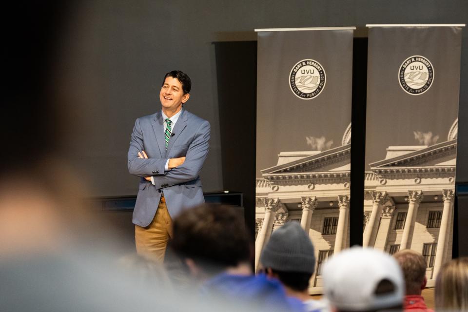 Paul Ryan, a former U.S. House speaker and the 2012 Republican vice presidential candidate, speaks at the Gary R. Herbert Institute for Public Policy at Utah Valley University in Orem on Thursday, Oct. 5, 2023. | Megan Nielsen, Deseret News