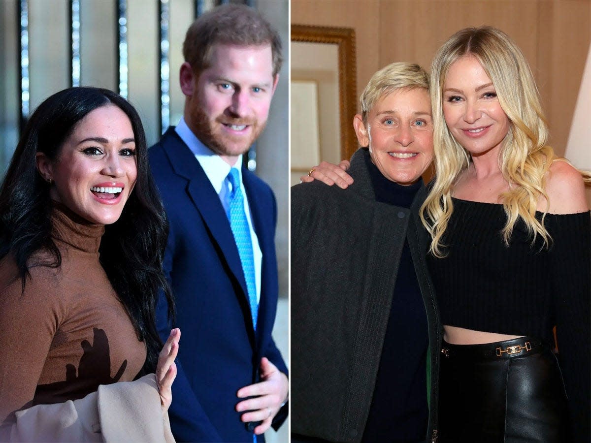 A side-by-side of Meghan Markle and Prince Harry and Ellen DeGeneres and Portia de Rossi.