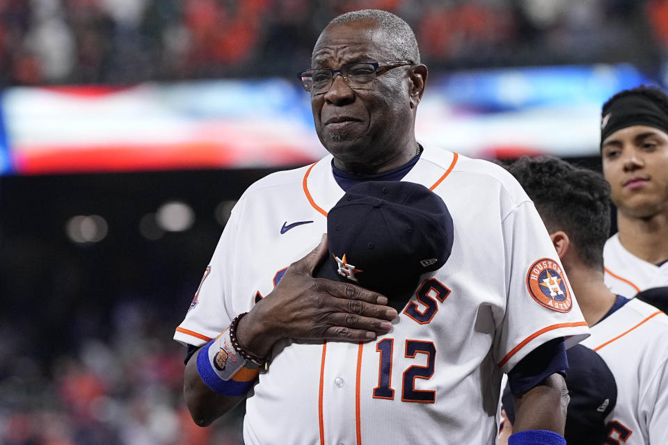 Houston Astros manager Dusty Baker Jr. is seen ahead of Game 1 of baseball's American League Championship Series between the Houston Astros and the New York Yankees, Wednesday, Oct. 19, 2022, in Houston. (AP Photo/Kevin M. Cox)
