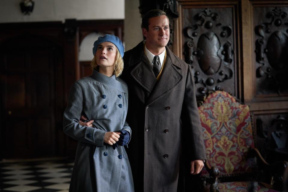 Director Ben Wheatley wanted Mrs. de Winter (Lily James, left) “to have a feeling of awe and astonishment” when she arrived at Manderley with Maxim (Armie Hammer, right), says Greenwood.