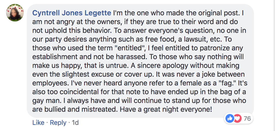 Cyntrell Jones Legette posted on Facebook that her friend received a homophobic note from an employee of South Carolina’s Yesterdays Restaurant & Tavern. The restaurant has fired the worker and apologized. (Screenshot: Facebook/Cyntrell Jones Legette)