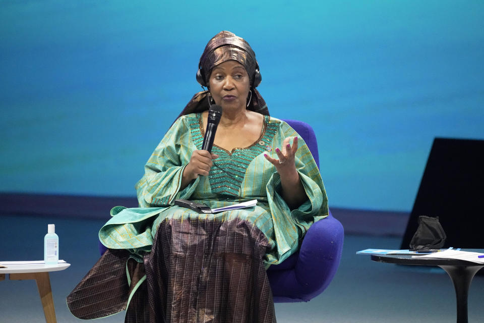 UN Women's Executive Director Phumzile Mlambo-Ngcuka delivers her speech during an international conference aims to fast-track the road to gender equality and mobilize millions of dollars to achieve the long-sought goal quickly, at the Louvre Carrousel in Paris, France, Wednesday, June 30, 2021. UN Women's Executive Director Phumzile Mlambo-Ngcuka said in an interview with The Associated Press that the underfunding of women's programs and the slow implementation of a 150-platform to achieve gender equality adopted by the world's nations in Beijing in 1995 "leaves a lot of women in a situation where they will never really realize their true and full potential." (AP Photo/Michel Euler)