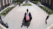 <p>The Arizona National Guard carries the casket of Sen. John McCain, R-Ariz., into a memorial service at the Arizona Capitol on Wednesday, Aug. 29, 2018, in Phoenix. (Photo: Rob Schumacher/The Arizona Republic via AP, Pool) </p>