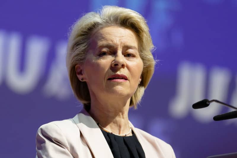 Ursula von der Leyen, lead candidate of the European People's Party (EPP) and President of the European Commission, speaks at the 60th North Rhine-Westphalia (NRW) Day of the Junge Union. Henning Kaiser/dpa