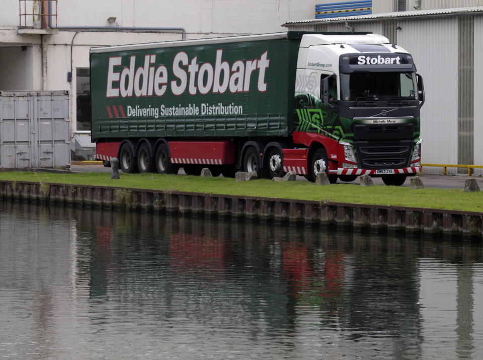 Eddie Stobart truck beside the Gloucester and Sharpness Canal, UK. (Photo By: Education Images/Universal Images Group via Getty Images)