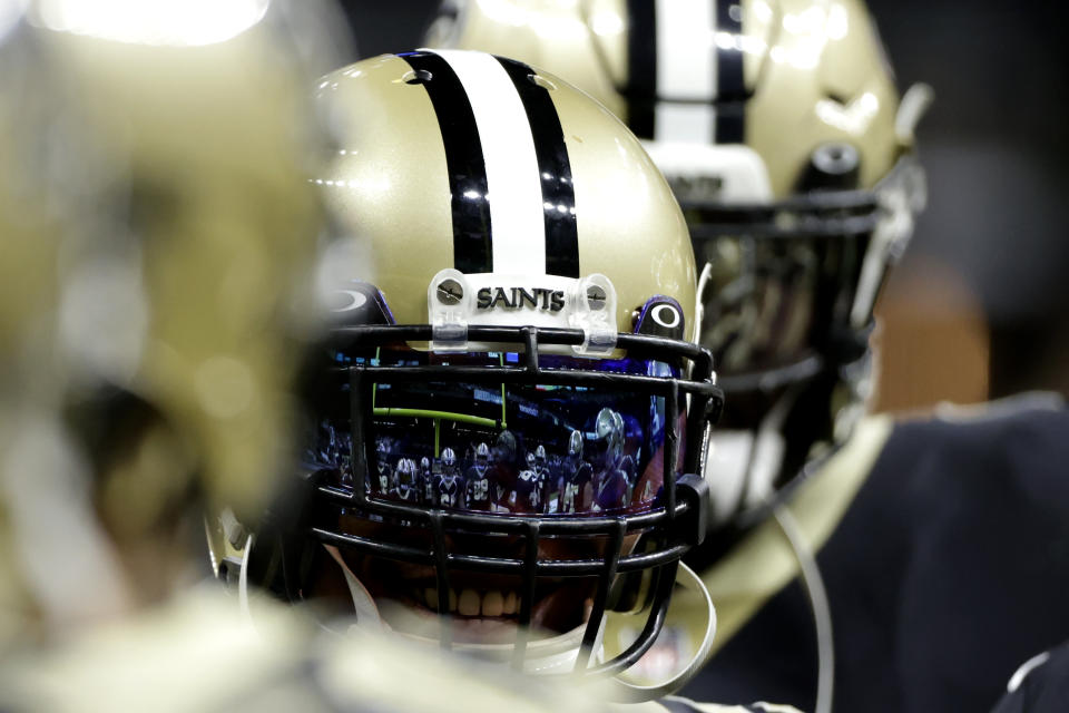 New Orleans Saints defensive back Chauncey Gardner-Johnson huddles with the team before the first half of an NFL football game between the New Orleans Saints and the Atlanta Falcons, Sunday, Nov. 7, 2021, in New Orleans. (AP Photo/Derick Hingle)