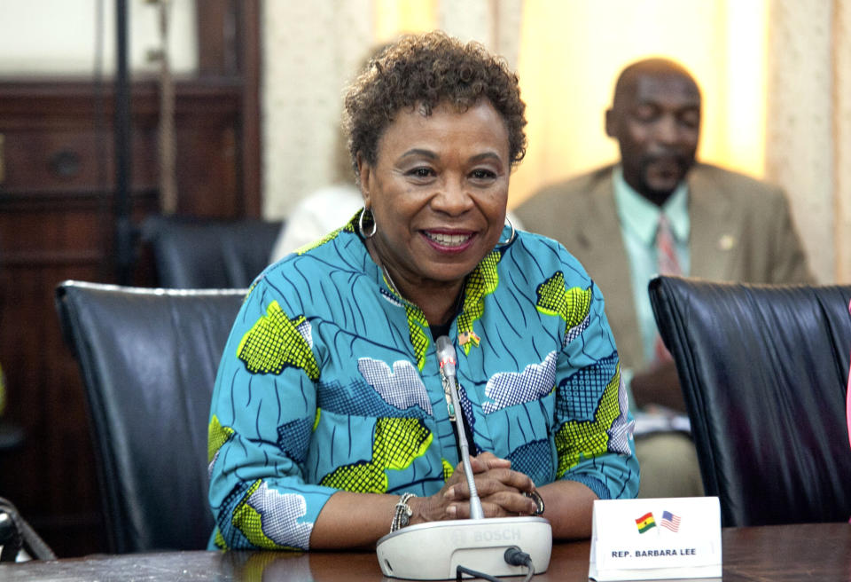 Rep. Barbara Lee, one of the delegation lead by US House Speaker Nancy Pelosi, looks on Ghana's Parliament in Accra, Ghana, Wednesday, July 31, 2019. U.S. House Speaker Nancy Pelosi is in Ghana as the head of a Congressional delegation to address Ghana's lawmakers on Wednesday. While in Ghana, Pelosi and other members of the U.S. Congress plan discussions on "regional security, sustainable and inclusive development and the challenges of tomorrow including the climate crisis." (AP Photo/Christian Thompson) hake with Ghanas Menbers of Paliament as she exit the chamber. Ghana,Accra. 31 jul;y 2019 AP IMAGES/CHRISTIAN THOMPSON