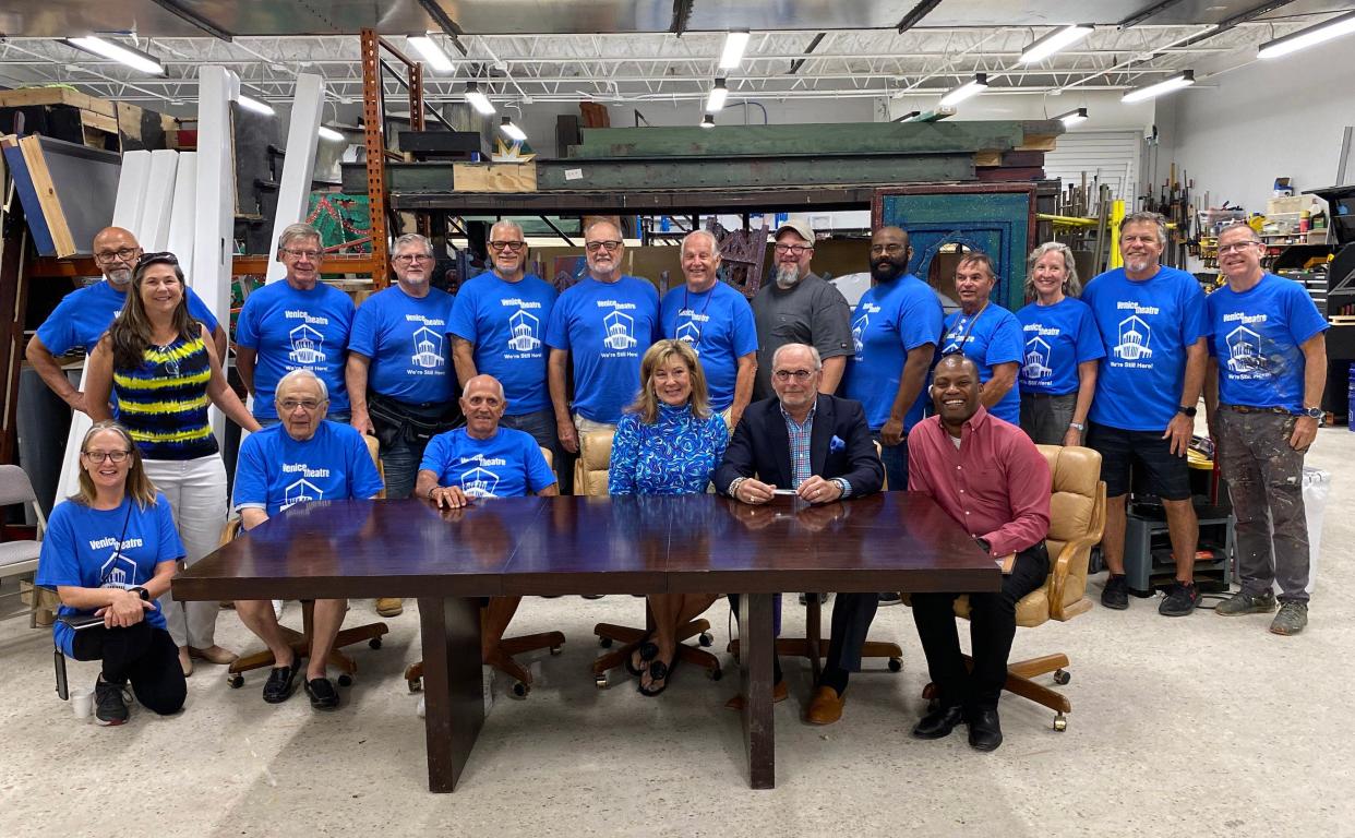 Donna and Jim Boldt, front row, third and fourth from left, formalized a $1 million gift to the Venice Theatre at an April 24 ceremony. The funds will go to reconstruction of the theatre after it was damaged by Hurricane Ian.