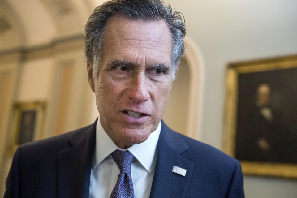 Sen. Mitt Romney, R-Utah, talks with reporters after a vote in the Capitol on Thursday, September 12, 2019. (Photo By Tom Williams/CQ-Roll Call, Inc via Getty Images)