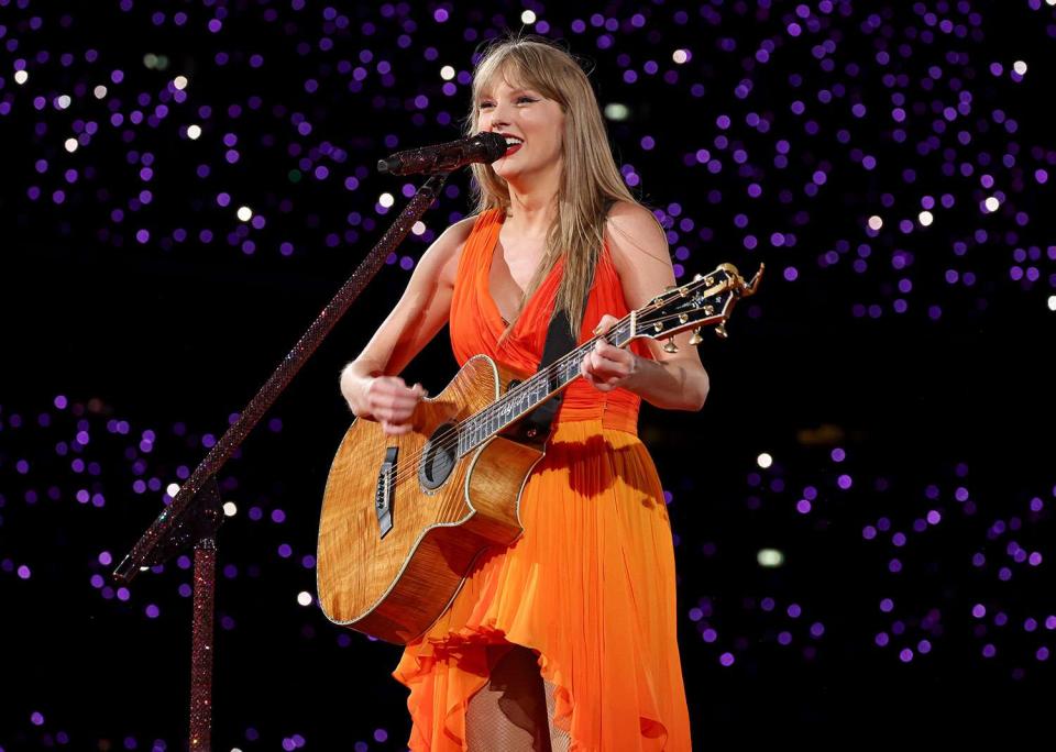 <p>Kevin Mazur/Getty</p> Taylor Swift performs on June 21, 2024 in London, England. 