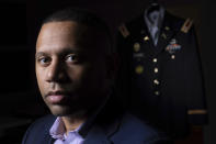 Retired Army Capt. Geoffrey Easterling is photographed at his home in Atlanta, on Thursday, Nov. 18, 2021. Eight years after he graduated from the U.S. Military Academy at West Point, Easterling remains astonished by the Confederate history still memorialized on the storied academy’s campus. (AP Photo/Ben Gray)