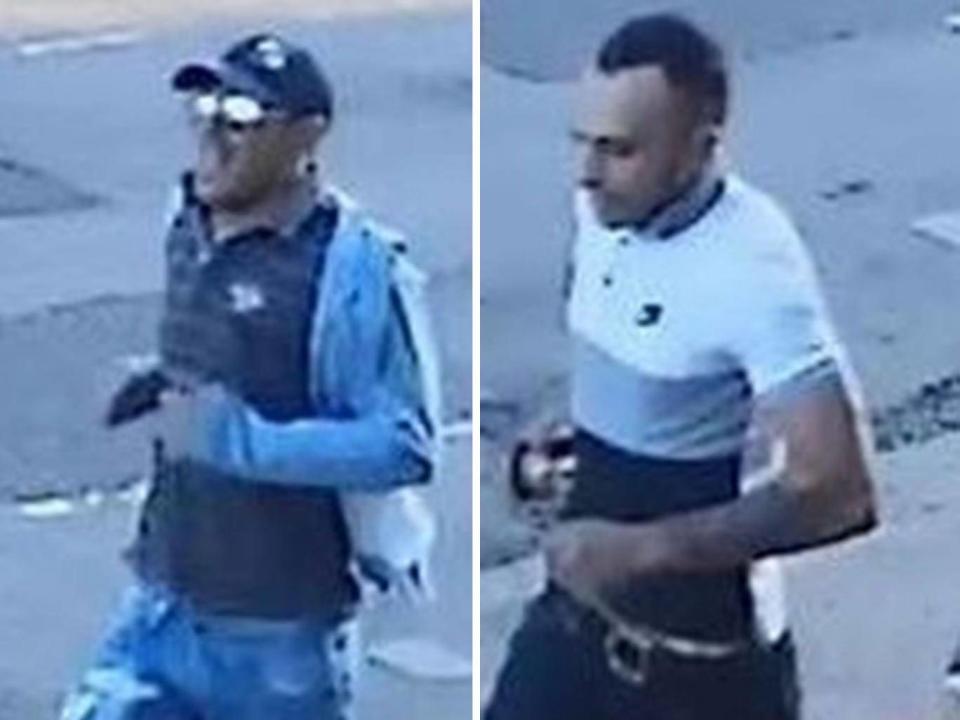 Images of two men police still want to trace in connection with the robbery of an 82-year-old man in East Ham (Metropolitan Police)