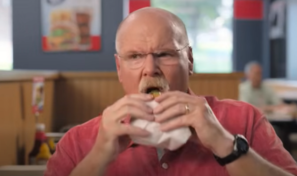 Chiefs coach Andy Reid got to chow down for a State Farm commercial filmed at the Independence Hi-Boy Drive-In.