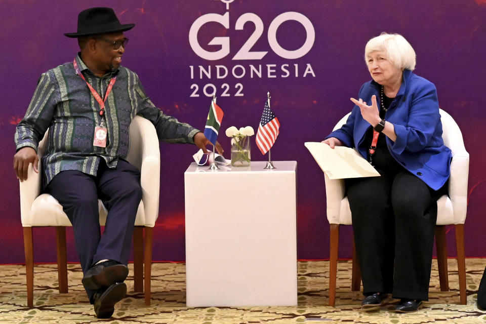 U.S. Treasury Secretary Janet Yellen, right, talks with South African Finance Minister Enoch Godongwana during their bilateral meeting on the sidelines of the G20 Finance Ministers and Central Bank Governors Meeting in Nusa Dua, Bali, Indonesia, on Saturday, July 16, 2022. (Sonny Tumbelaka/Pool Photo via AP)