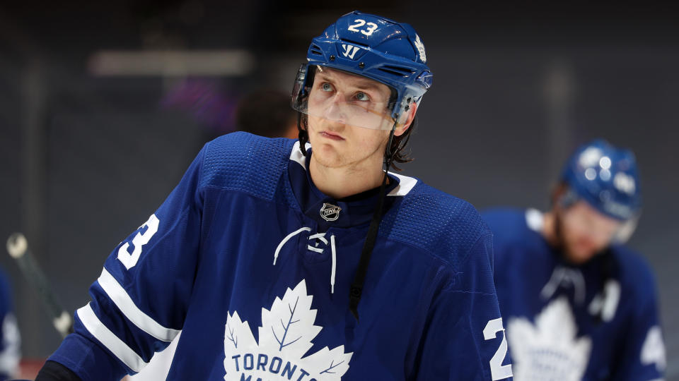 Travis Dermott is back with the Toronto Maple Leafs after signing a one-year extension. (Chase Agnello-Dean/NHLI via Getty Images)