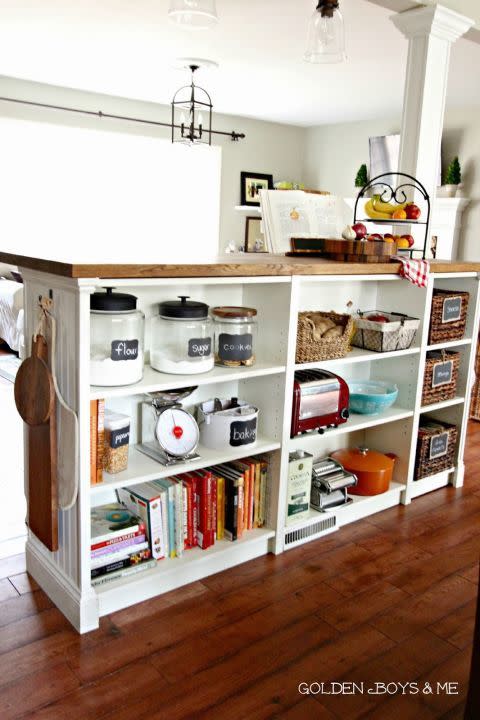 <p>Don't limit the super-functional <a rel="nofollow noopener" href="http://www.housebeautiful.com/room-decorating/kitchens/g2761/ikea-kitchen-hacks/?slide=4" target="_blank" data-ylk="slk:BILLY bookcase;elm:context_link;itc:0;sec:content-canvas" class="link ">BILLY bookcase</a> to your favourite fictional paperbacks and hardcovers. When positioned side-by-side to form a makeshift kitchen island, the shelves create a home for all of your favourite cookbooks, snacks, and even baking supplies.</p><p><em><a rel="nofollow noopener" href="http://www.goldenboysandme.com/2013/07/part-2-diy-billy-bookshelves-turned.html" target="_blank" data-ylk="slk:See more at Golden Boys & Me »;elm:context_link;itc:0;sec:content-canvas" class="link ">See more at Golden Boys & Me »</a></em></p>