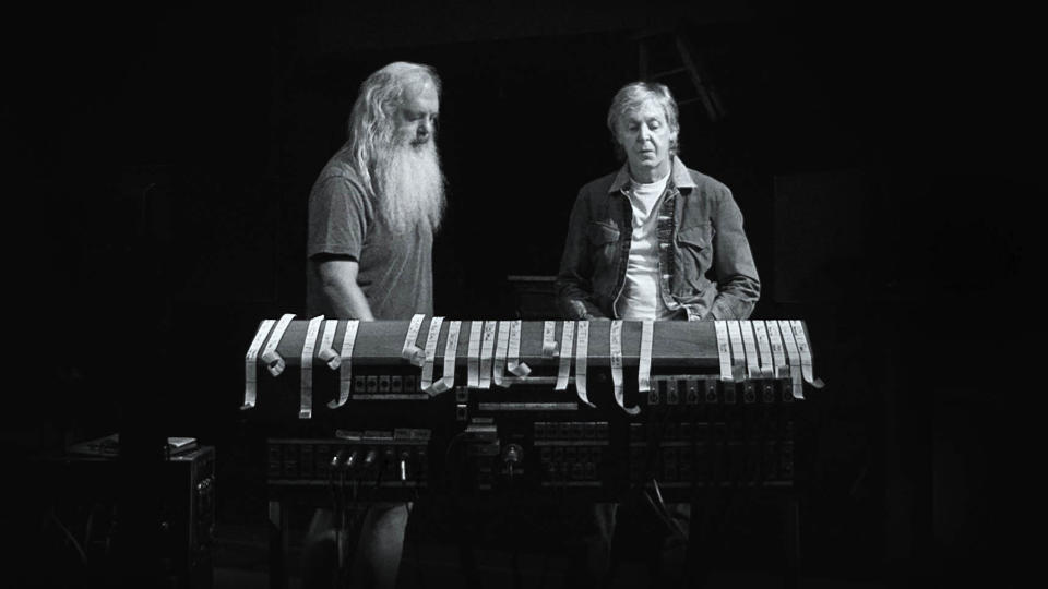 In &#39;McCartney 3, 2, 1&#39;, Paul McCartney sits down for a rare, in-depth chat with legendary producer Rick Rubin. (Hulu/Disney)