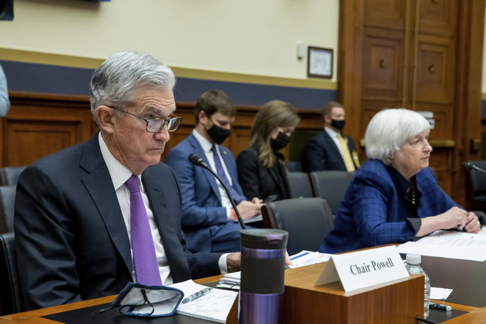 Federal Reserve Chairman Jerome Powell and Treasury Secretary Janet Yellen, listen to lawmakers during a House Committee on Financial Services hearing on Capitol Hill in Washington, Wednesday, Dec. 1, 2021. (AP Photo/Amanda Andrade-Rhoades)