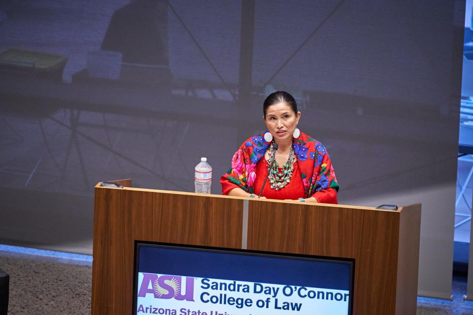 Ethel Branch gives her opening statement during the Navajo Nation Presidential candidate forum at Sandra Day O' Connor law school on July 12, 2022 in Phoenix.