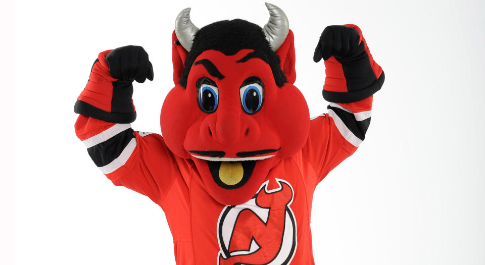 The New Jersey Devils’ mascot ‘NJ Devil’ is not a fan of Gritty. (Photo by Matt Zambonin/Freestyle Photo/Getty Images)