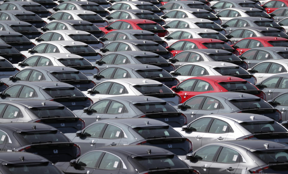 Honda cars are lined up at Southampton Docks prior to being loaded onto a car container ship for export. (Photo by Andrew Matthews/PA Images via Getty Images)