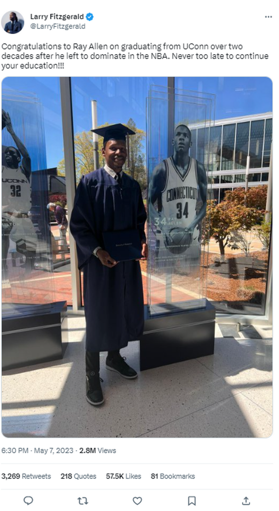 Former Miami Heat star Ray Allen graduated from UConn at age 47, more than two decades after leaving the school early to pursue his Hall of Fame career in the NBA. Screenshot Twitter @LarryFitzgerald