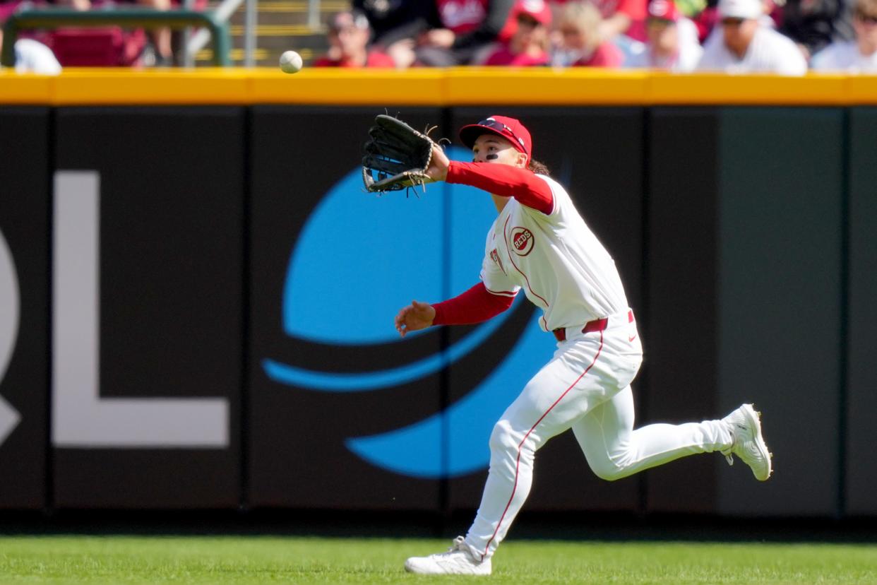 Stuart Fairchild, shown during the last homestand, is one of the reasons the Reds' outfield defense has not only survived without TJ Friedl, but excelled.