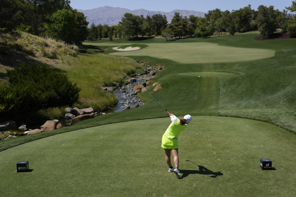Ayaka Furue hits off the first tee during the final day of the LPGA Bank of Hope Match Play golf tournament Sunday, May 28, 2023, in North Las Vegas, Nev. (AP Photo/John Locher)
