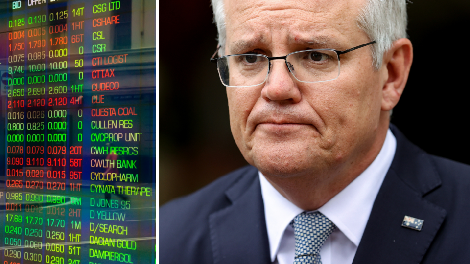 The ASX board showing company price movements and Prime Minister Scott Morrison.