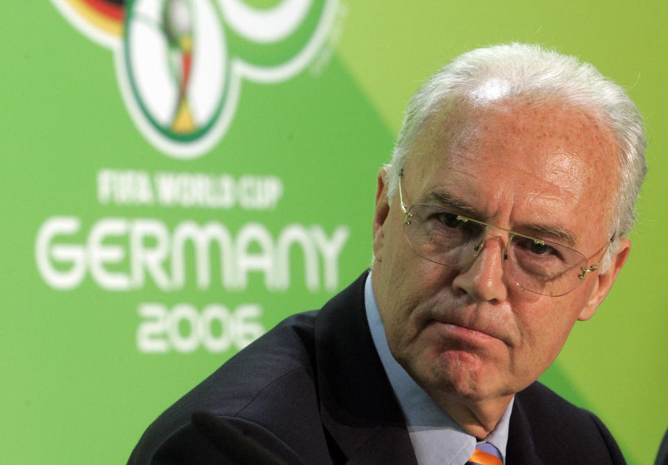 FILE - Franz Beckenbauer, then President of the German Organization Committee of the soccer World Cup briefs the media during a news conference at the Olympic Stadium in Berlin, June 29, 2006. German soccer great Franz Beckenbauer has died at 78, news agency dpa reports. (AP Photo/Markus Schreiber, File)